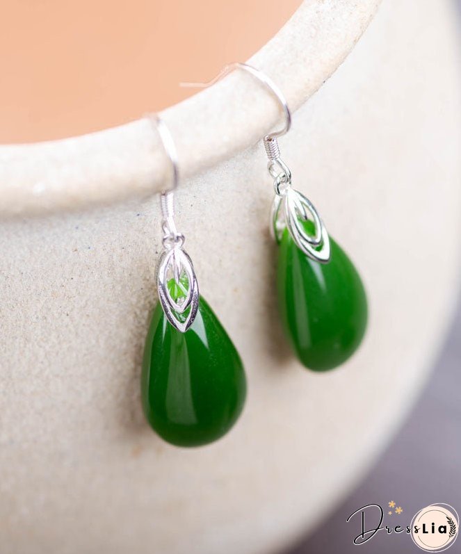 Retro Silk Sterling Silver Inlaid Jade Water Drops Drop Earrings