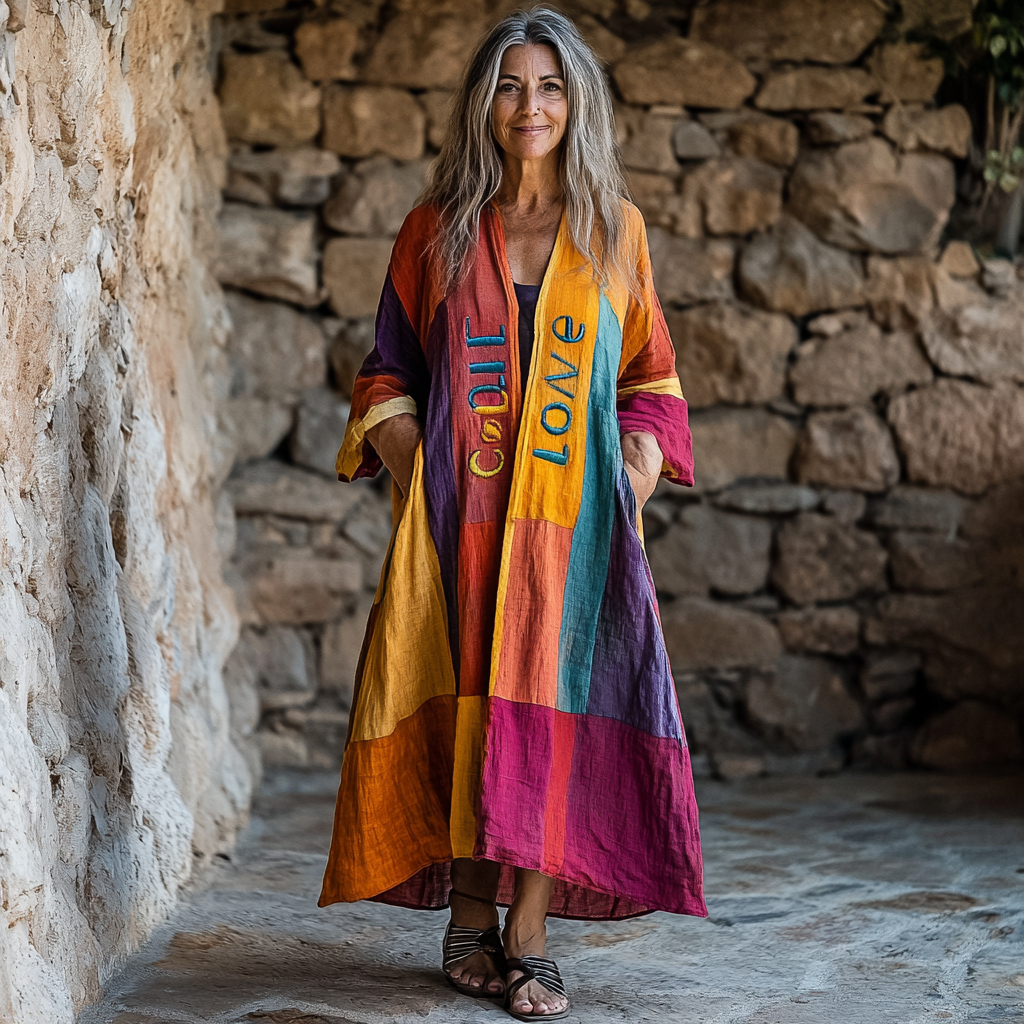 V Neck Vintage Linen Women Loose Dress