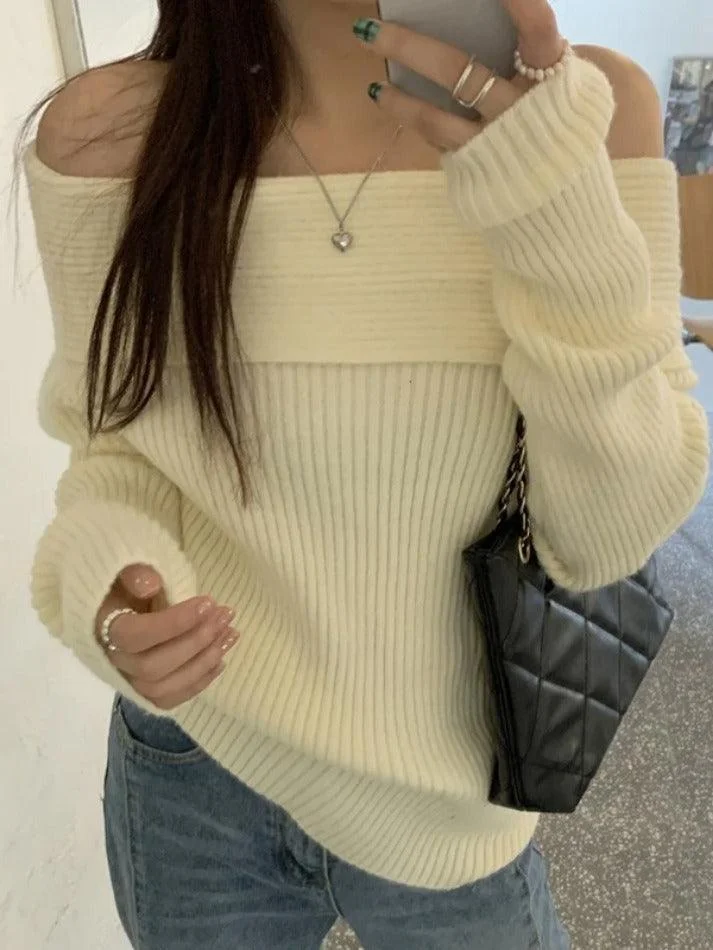 Brownm Solid Off Shoulder Knit Sweater
