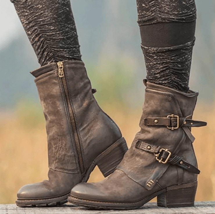 GOOSHOE Leather Buckle Chunky Heel Calf Boots