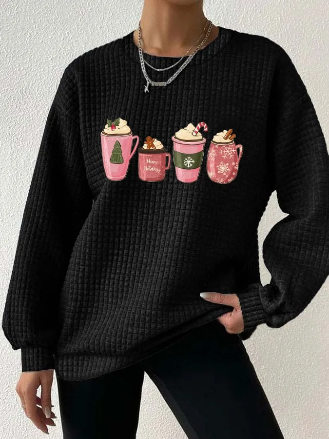 Women's Pink Coffee Cup Print Waffle Sweatshirt