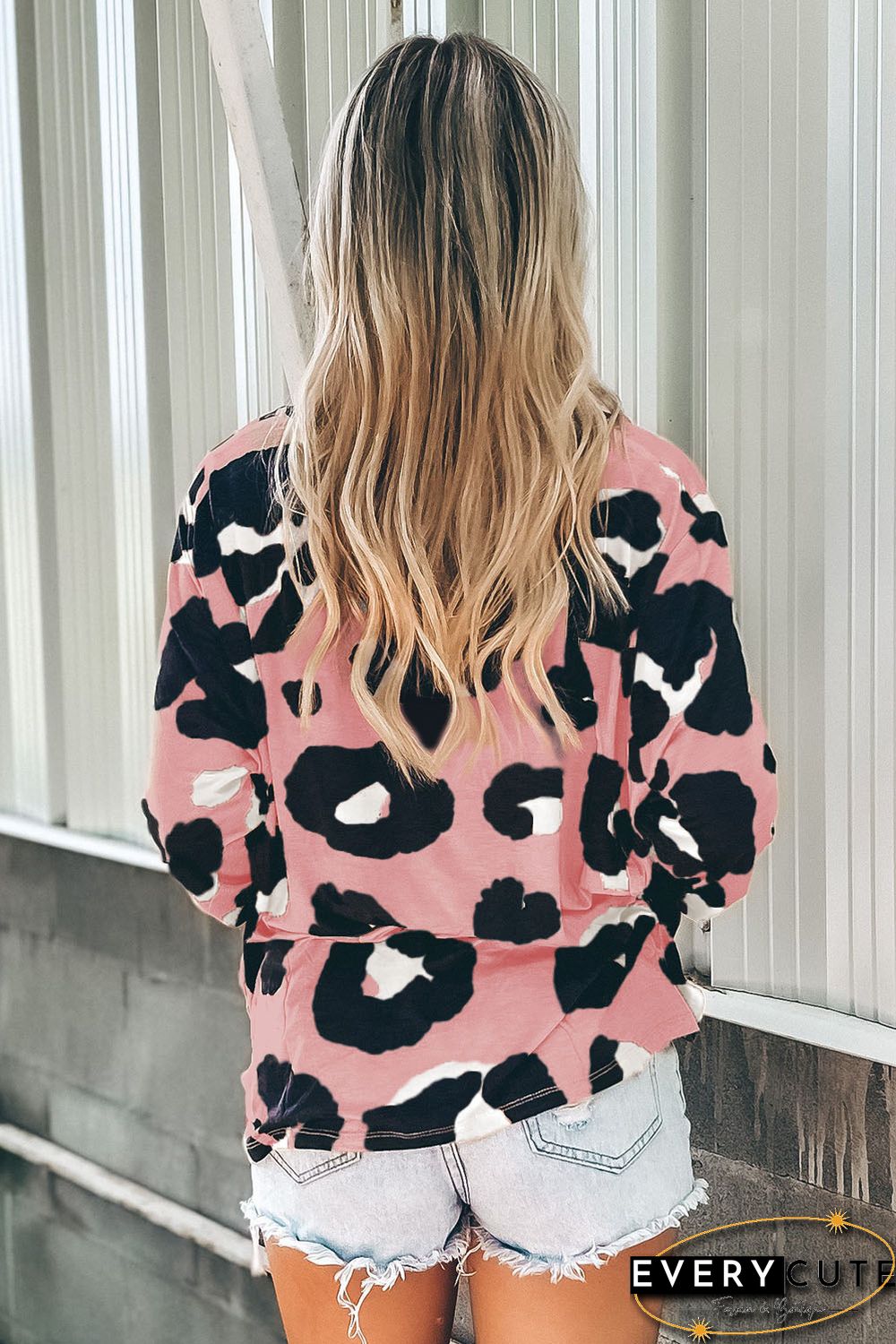 Pink Leopard Print Long Sleeve Loose Top