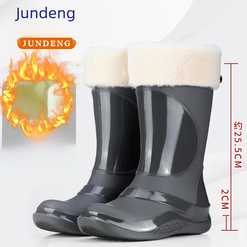 Mid-calf Waterproof Anti-slip Work Shoes Women Fashionable Outdoor Simple Thick Velvet Ladies Rain Boots Pure Color Low Heels Boots