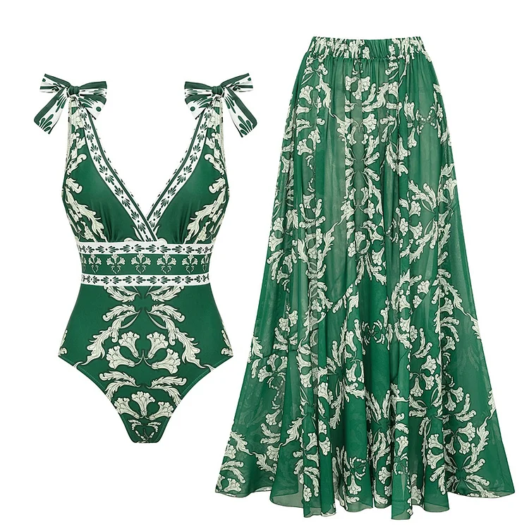 V Neck Lace Up Printed One Piece Swimsuit and Skirt