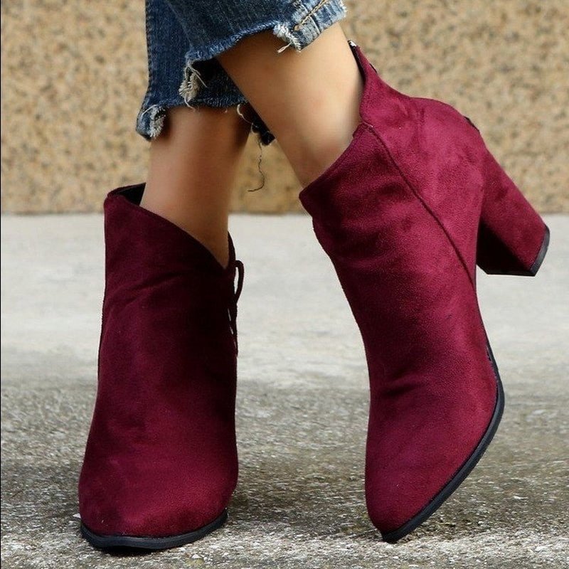 2021 winter new women's leather boots women's shoe PU pointed fashion boots rubber thick heel zipper suede chaussure femme talon