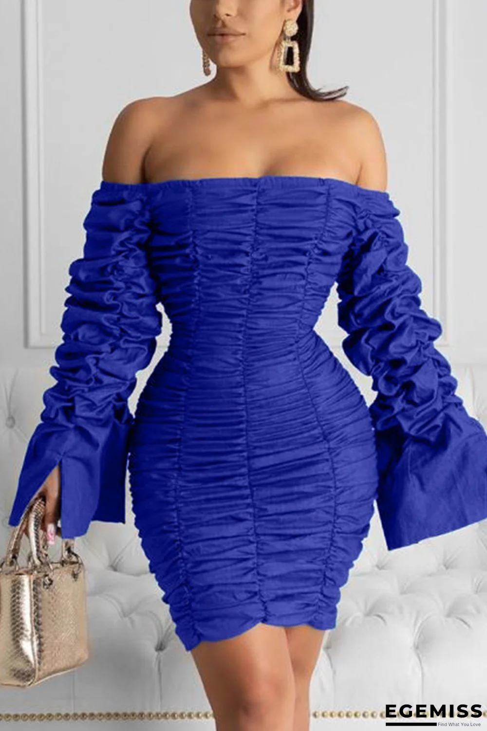 Dark Blue Fashion Casual Puff Sleeve Plisse Solid Dress | EGEMISS