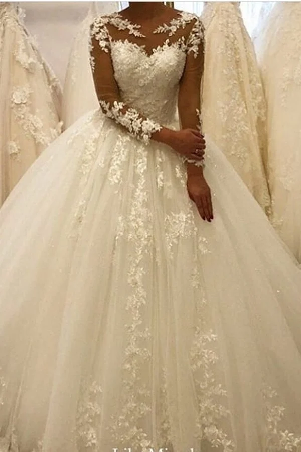 A-Line Bateau Long Sleeves Appliques Wedding Dress With Lace Ruffles Tulle