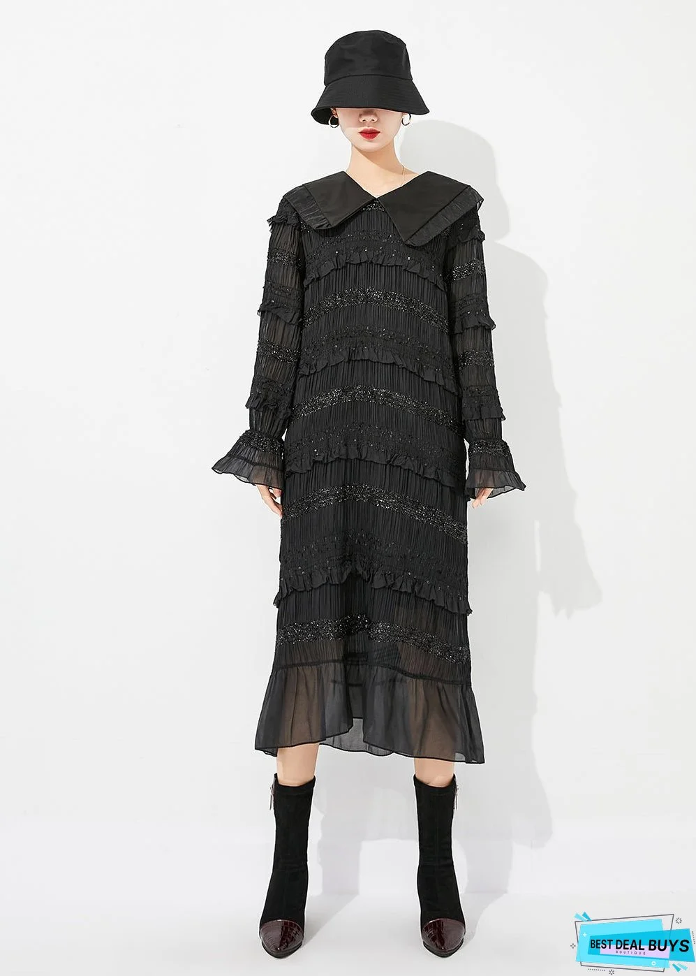Women Black Peter Pan Collar Ruffled Patchwork Wrinkled Long Dress Spring