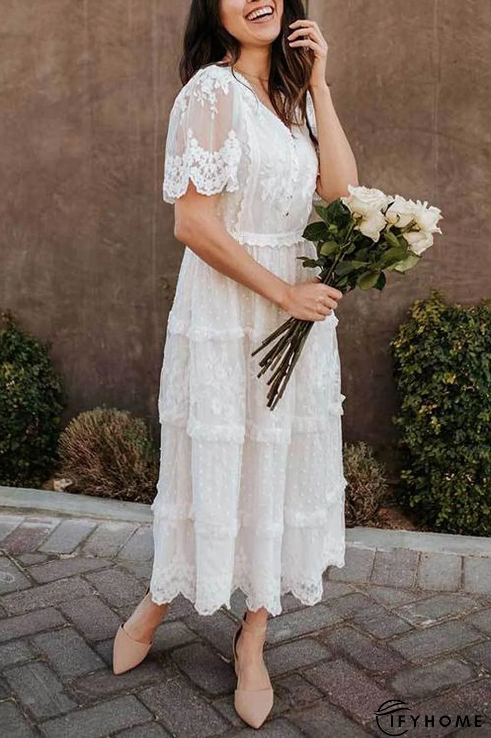 Button Lace V Neck Short Sleeve Maxi Dress | IFYHOME