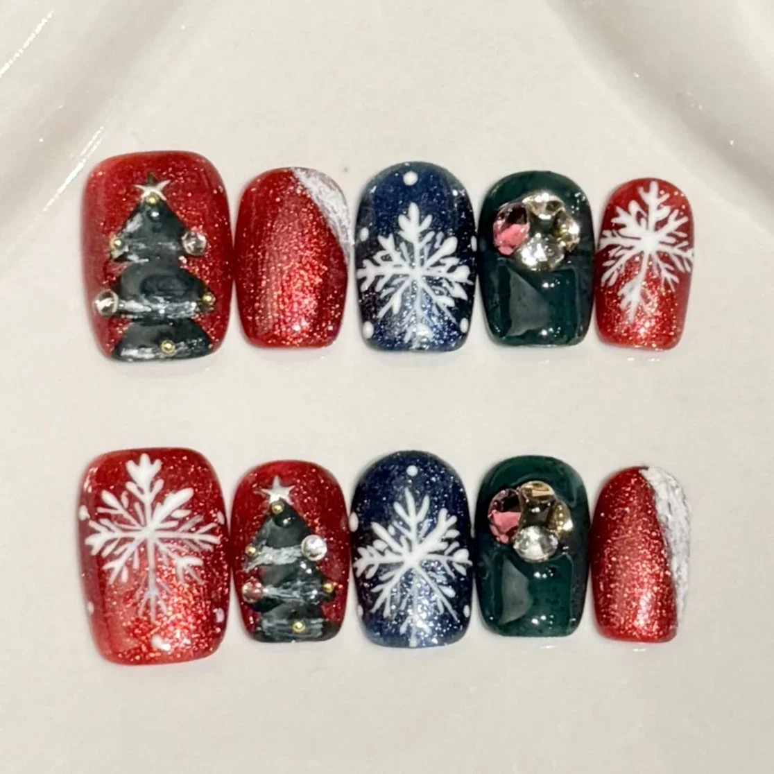 Alccn 10Pcs Red Handmade Press on Nails Full Cover Snowflake Cute Snowman French Rhinestone Short Square Wearable False Nail Christmas