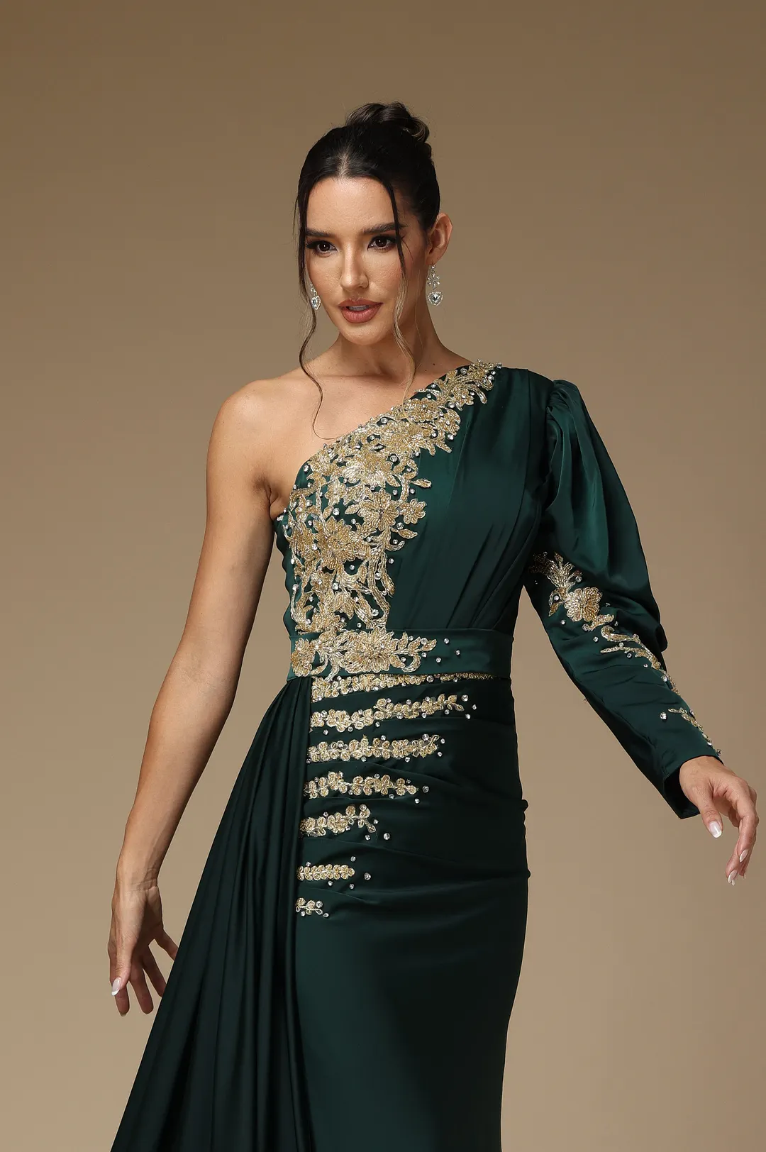 One Shoulder Mermaid Pleated Dark Green Long Formal Dress