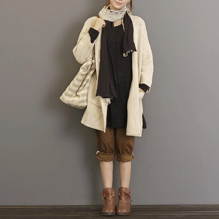 Beige sweater cardigans plus size women woolen cotton knit sweaters coat