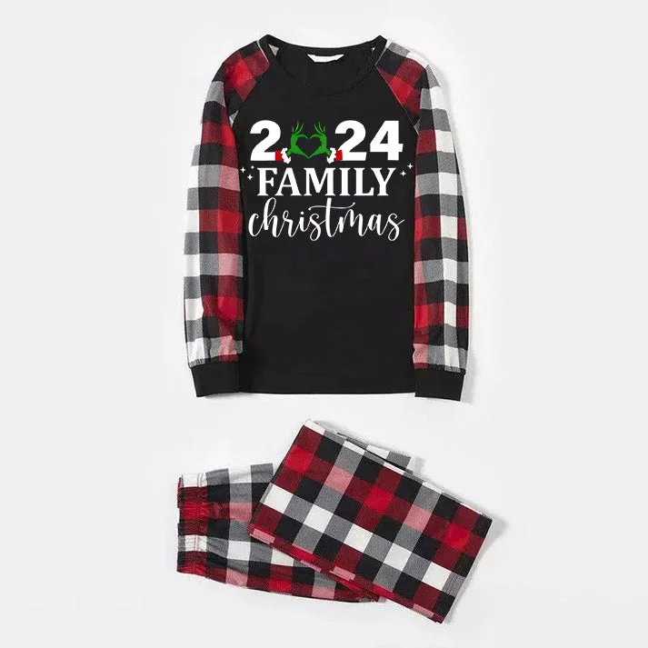 "2024 Family Christmas" Quirky Heart Letter Print Red & Black & Grey & White Plaid Family Matching Pajamas
