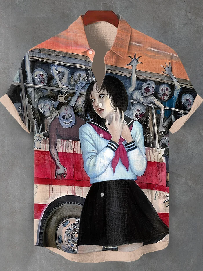 Men's Bus Zombie Japanese Art Print Short Sleeve Shirt