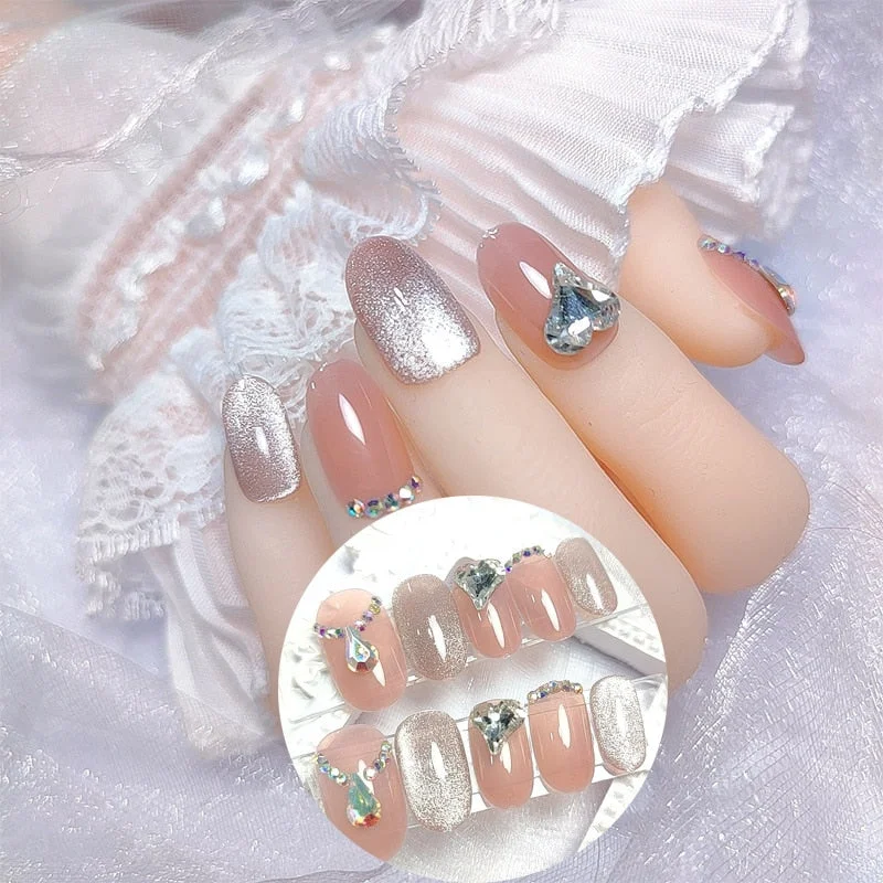 24Pcs/box Full Cover Short round press on nails Pink Dripping Shape Heart Bride nail tips Wearable Fake Nail with Glue for girls-Nail Inspo
