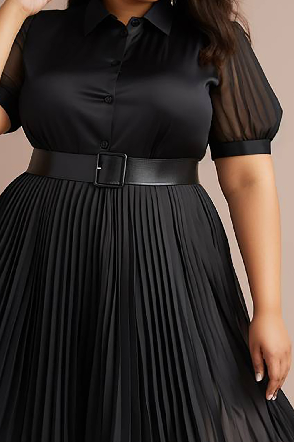 Design Plus Size Semi Formal Elegant Black Spring Summer Shirt Collar Puff Sleeve Short Sleeve Pleated Midi Dresses [Pre-Order]