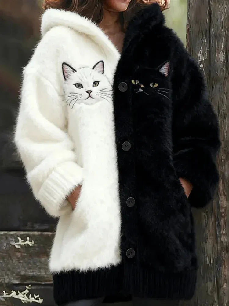 Women's Flannel Cats Print Coats