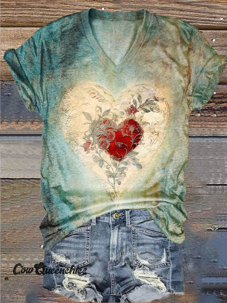 Women&rsquo;s Vintage Print V-neck Casual T-Shirt Multicolor / S