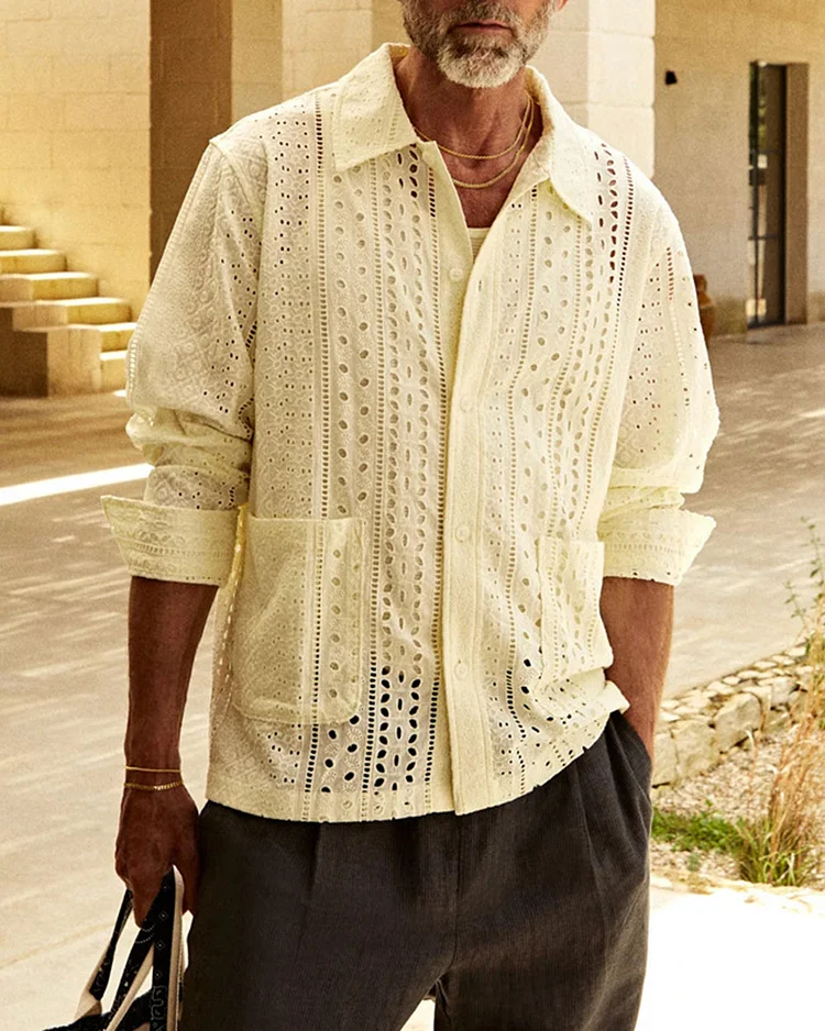 Men's Casual Embroidered Cotton Long-Sleeved Shirt