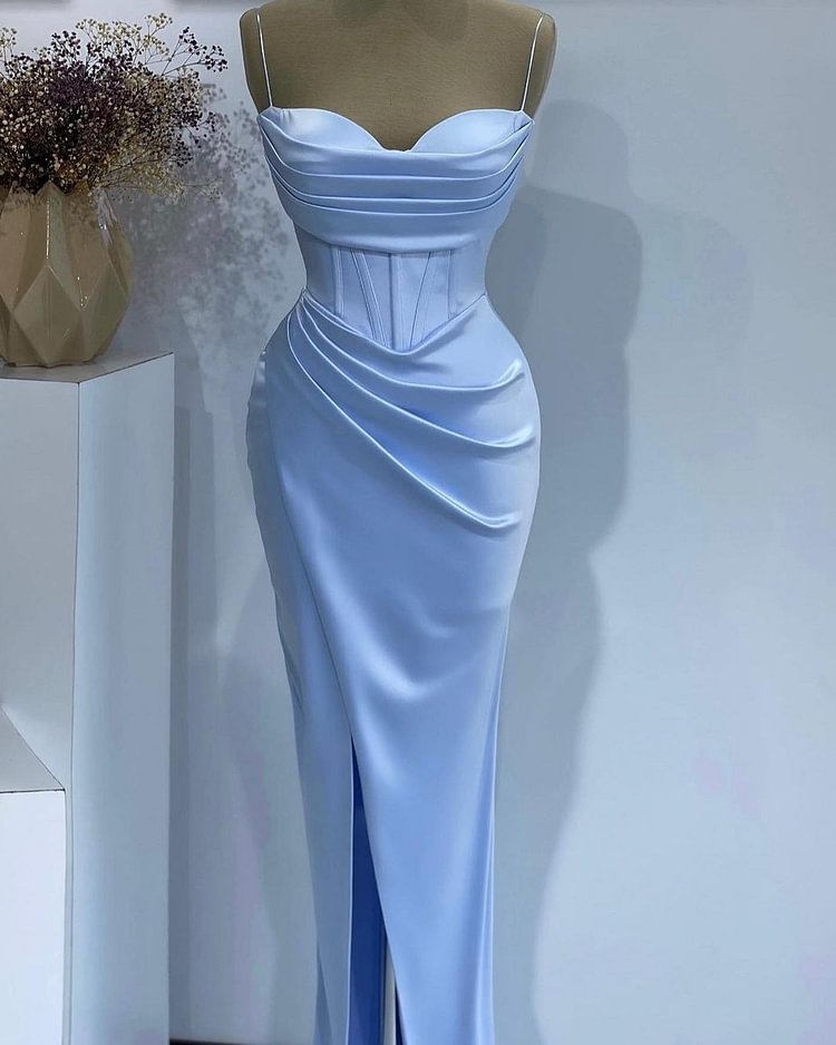Hellodresses Baby Blue Spaghetti Strap Sleeveless Mermaid Evening Dress With Split