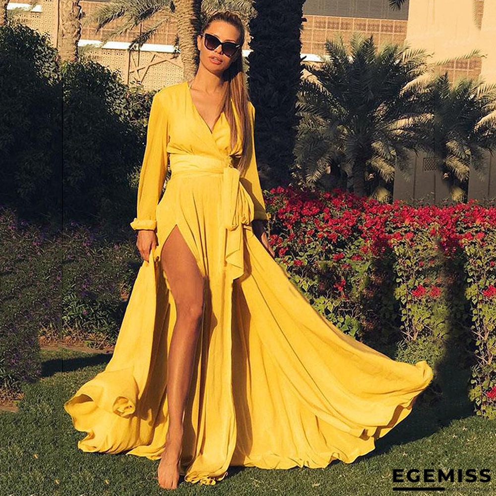 Bohemian Deep V-neck Dress Open-slit Dress Girl | EGEMISS