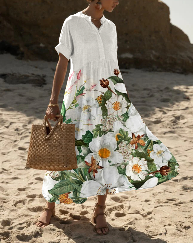 Women's Short Sleeve Daisy Print Resort Beach Loose Dress socialshop
