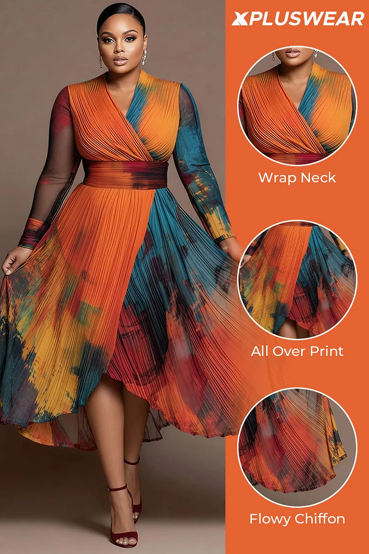 Xpluswear Design Plus Size Business Casual Multicolor All Over Print Wrap Neck Long Sleeve Crossover Hem Elegant Chiffon Midi Dresses [Pre-Order]