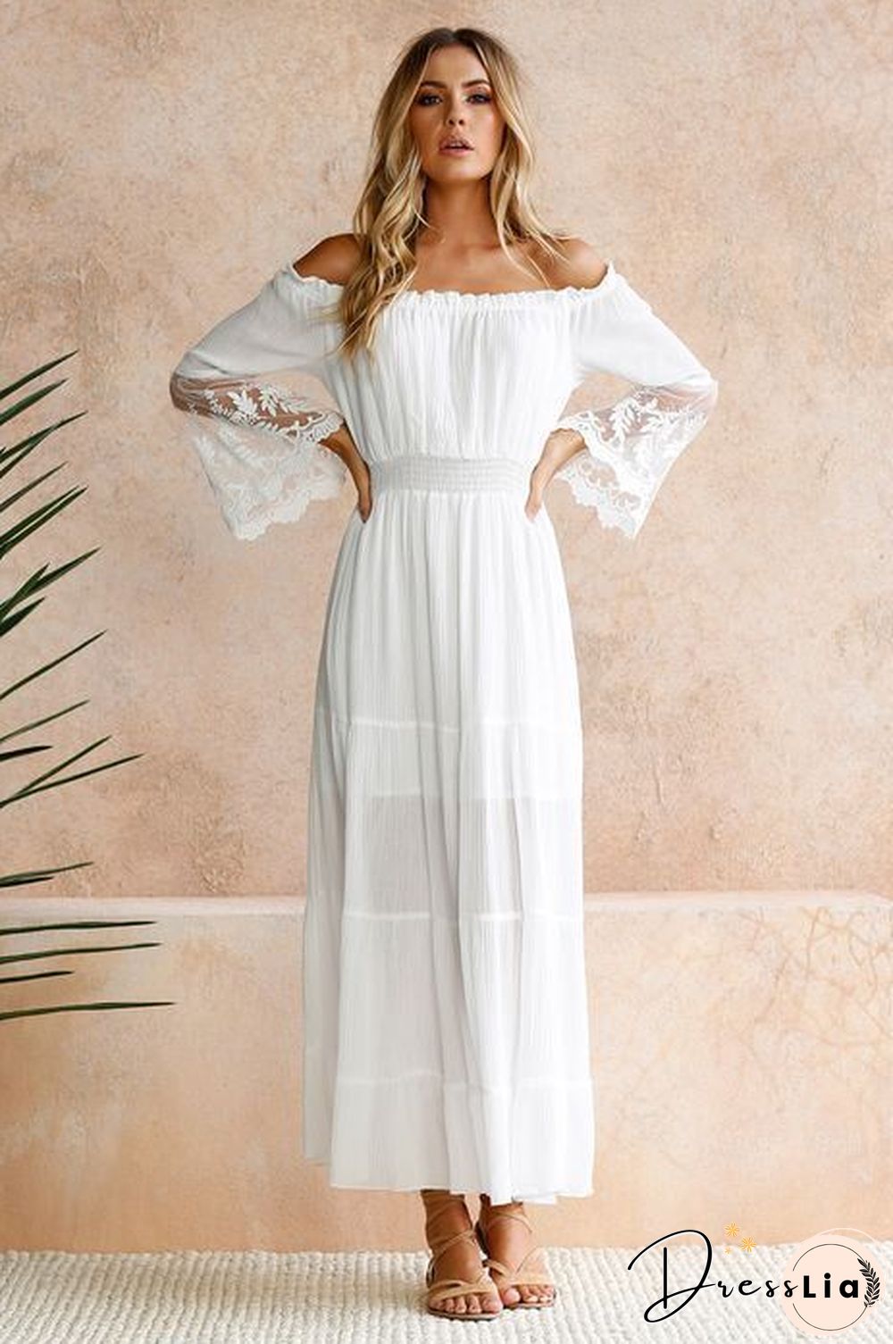 Women's Dress with Straight Neck Lace Stitching Dress White Dresses