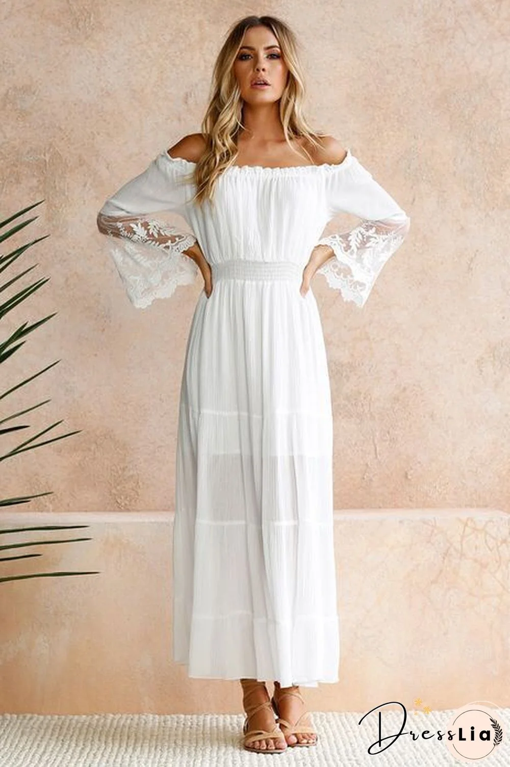 Women's Dress with Straight Neck Lace Stitching Dress White Dresses