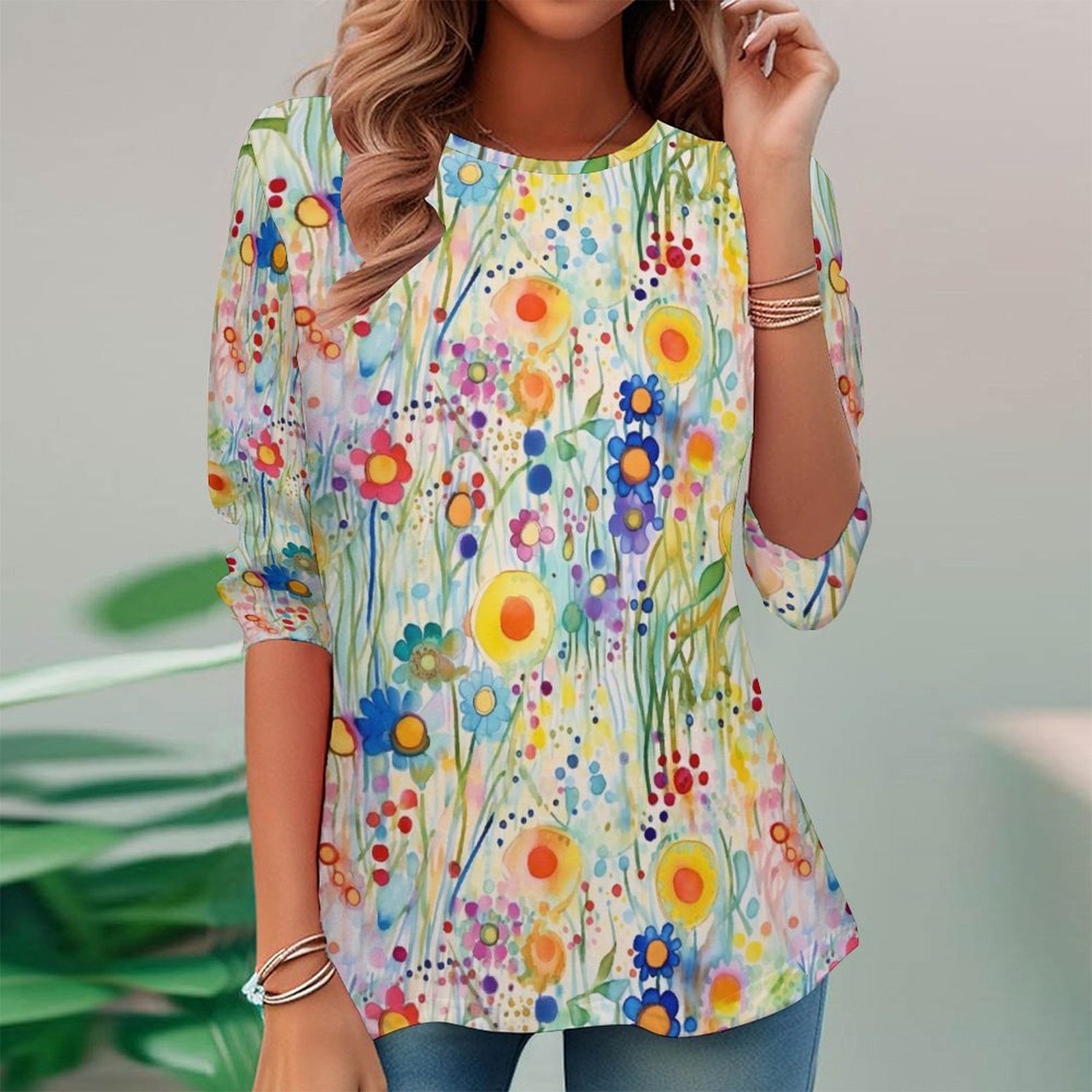 Women Long Sleeve V-neck Graphic Floral Printed Top