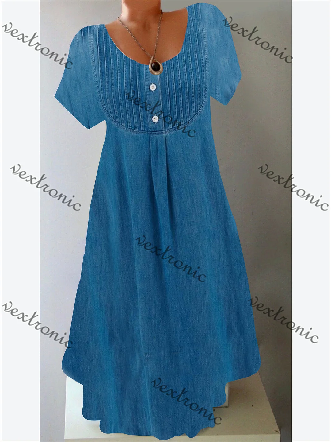 Women's Short Sleeve Scoop Neck Stitching Button Midi Dress