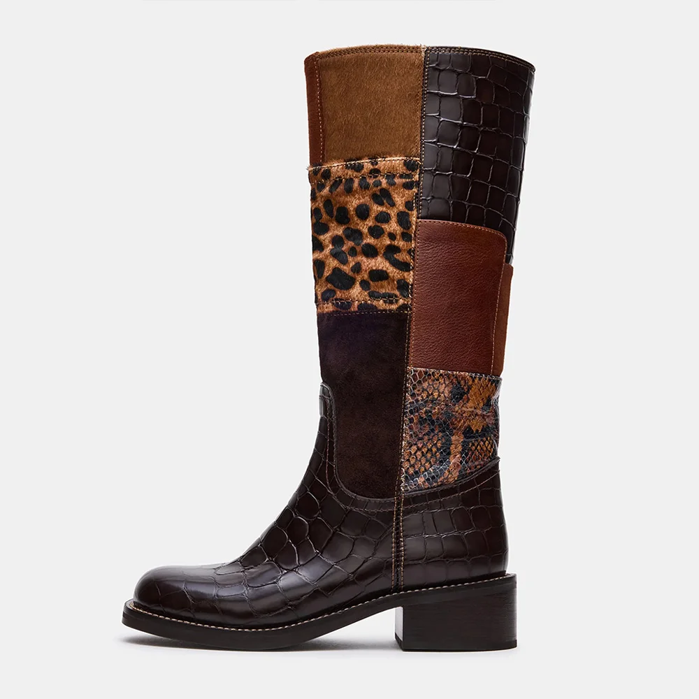 Multicolor Square Toe Chunky Low Heel Patchwork Knee High Boots