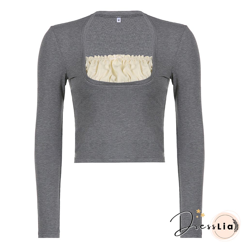 Square Neck Ruffled Pleated Long-Sleeved T-Shirt