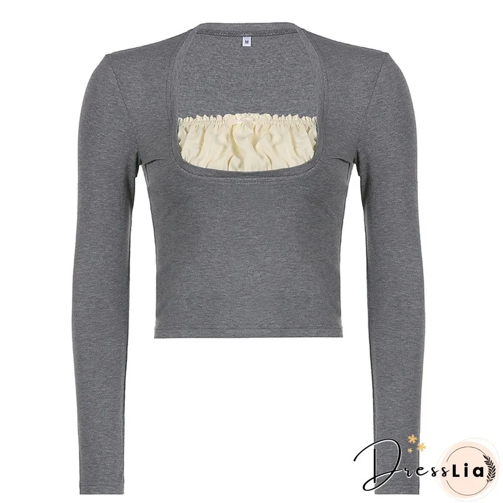 Square Neck Ruffled Pleated Long-Sleeved T-Shirt