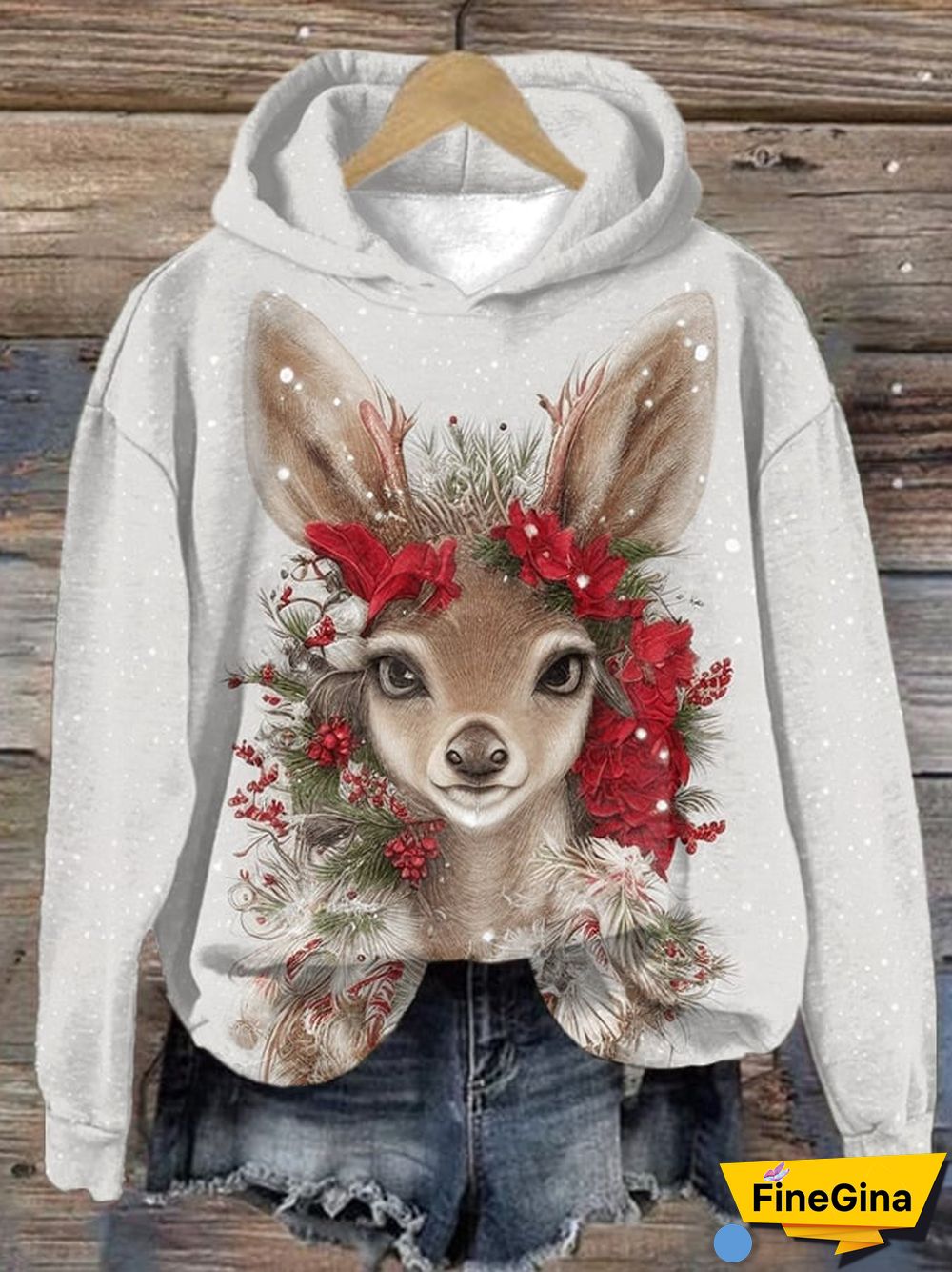 Women's Christmas Elk Print Long Sleeve Hoodie