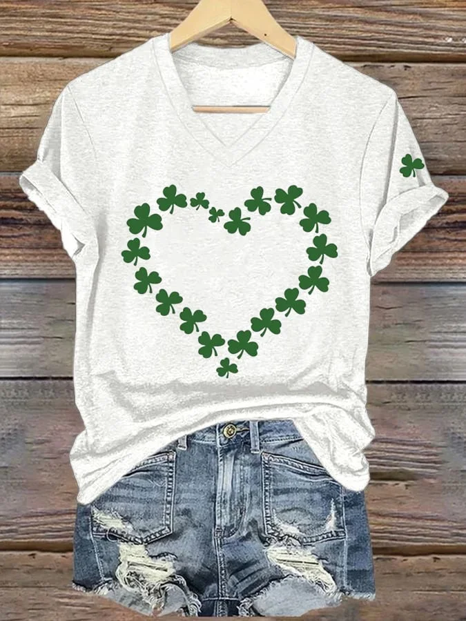 St. Patrick's Day Shamrock Heart Printed V-Neck Women's T-shirt     socialshop