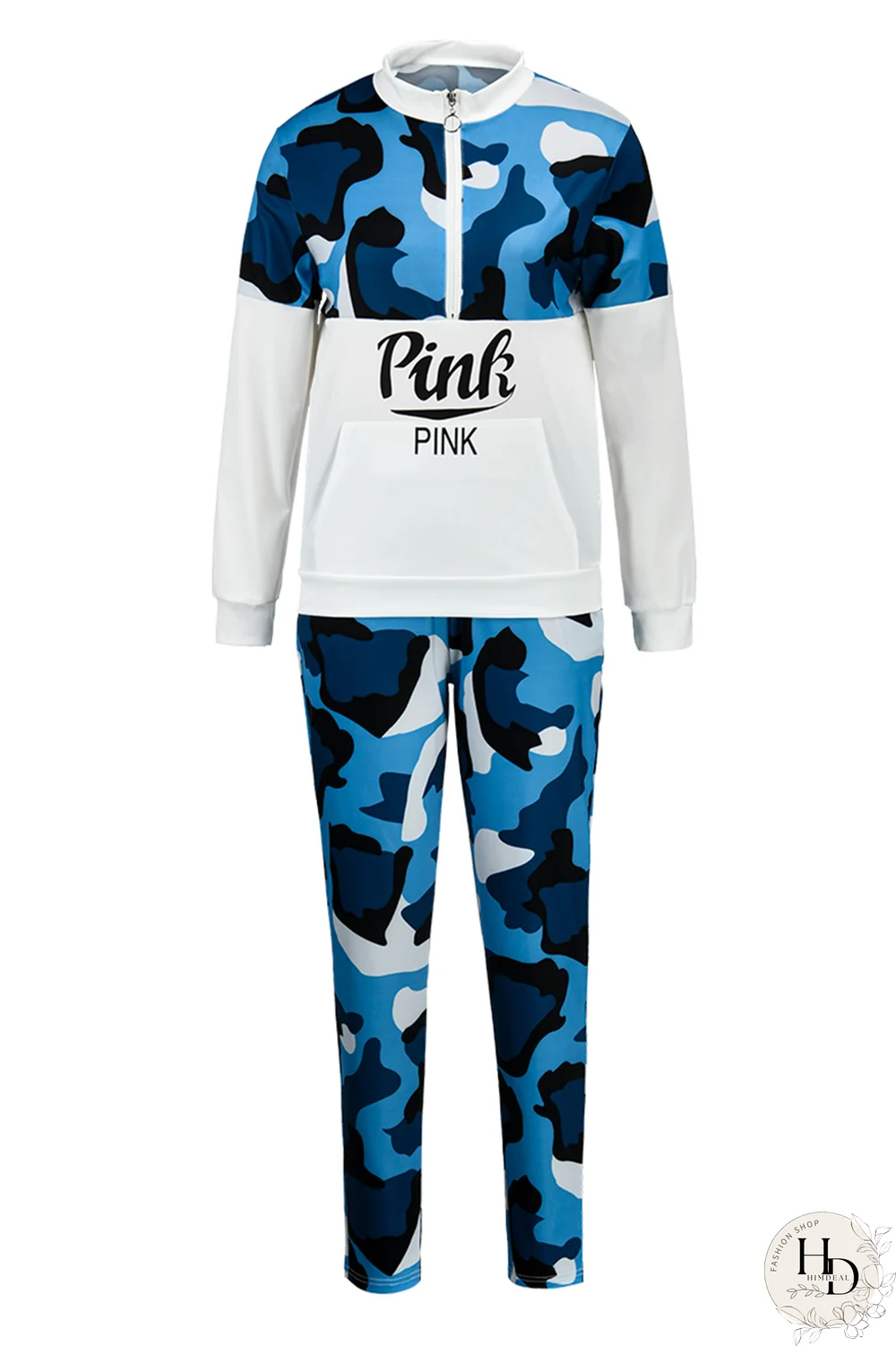 Blue Casual Camouflage Print Patchwork Zipper Collar Long Sleeve Two Pieces