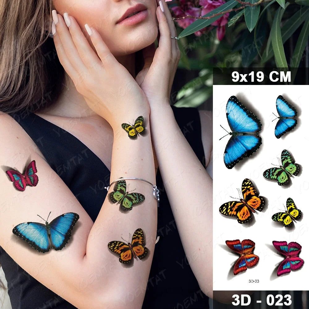 Temporary Tattoos Sticker For Women Body Art Tattoo Sticker 3d Butterfly Rose Flower Feather Tattoo Waterproof Halloween Gift