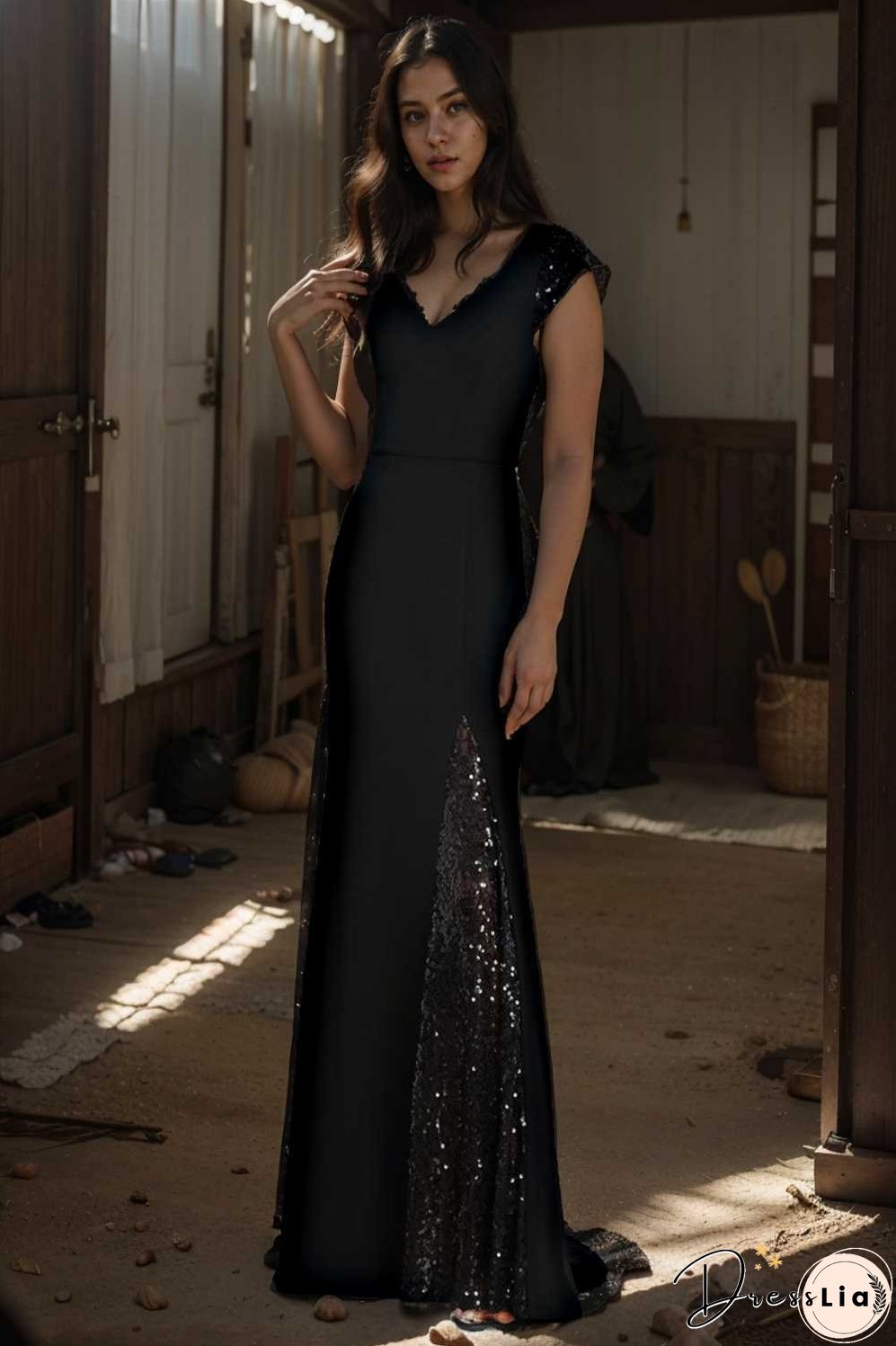 elegant sleeveless deep v neck fishtail evening gown