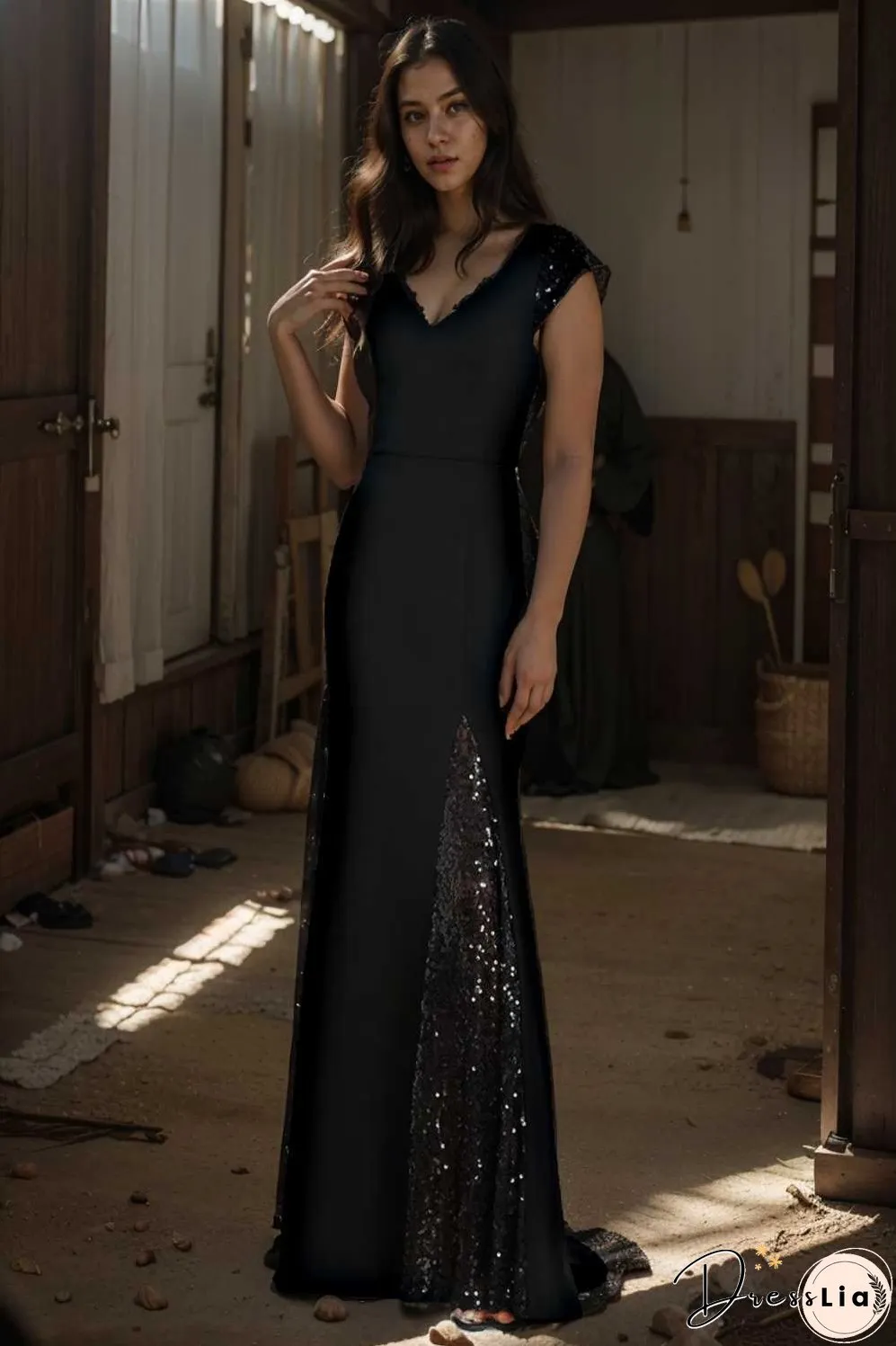 elegant sleeveless deep v neck fishtail evening gown