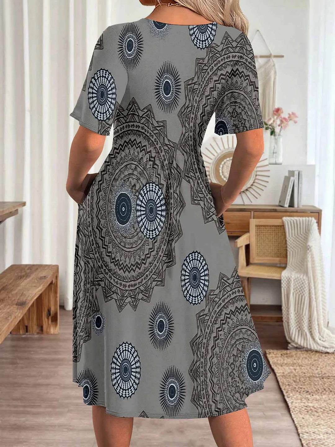 Women Graphic,Gray DZHA8238 Short Sleeve Scoop Neck Graphic Printed Hollow Midi Dress