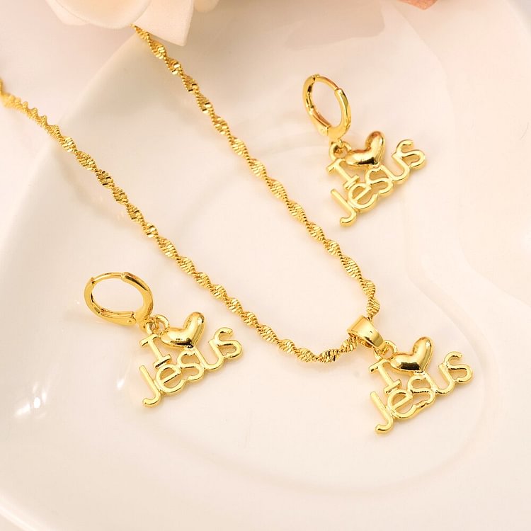 24k gold Jesus heart Pendant Necklace  Earrings sets Jewelry Gold Christian jewelry sets for women