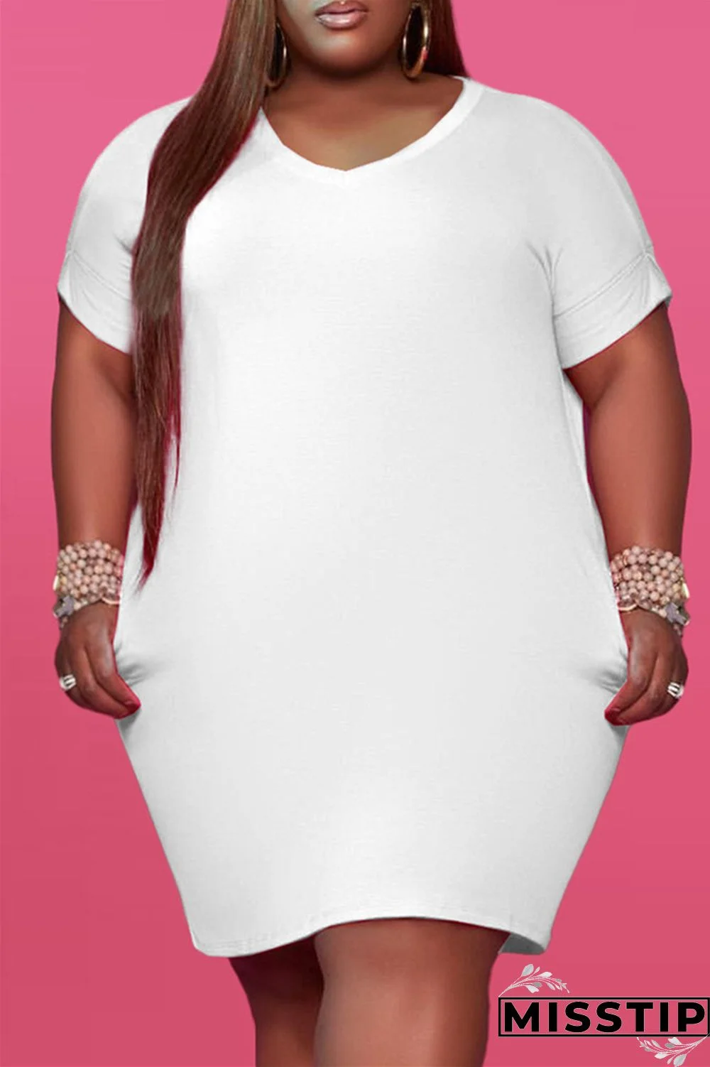 Red Fashion Casual Plus Size Solid Basic V Neck Short Sleeve Dress