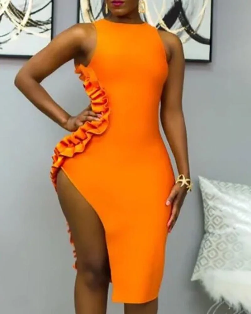Solid Sleeveless Ruffles High Slit Dress
