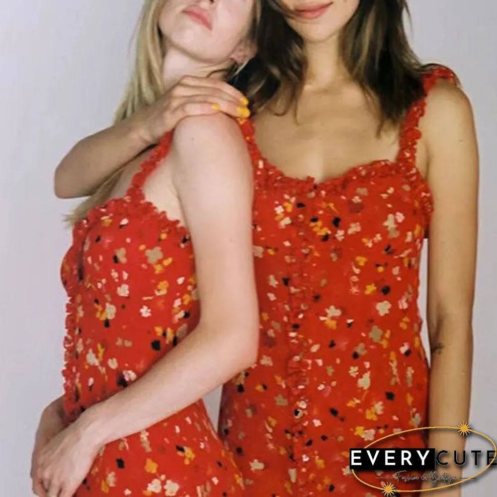 Casual Corset Red Fleur Floral Ruffle Strap Button Up Floral Dress