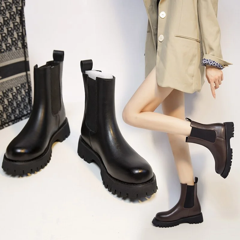 Luxury Chelsea Boots Women 2021 Fashion Ankle Boots Female Shoes Ladies Brown Black BV PU Leather Platform Short Boots Designer