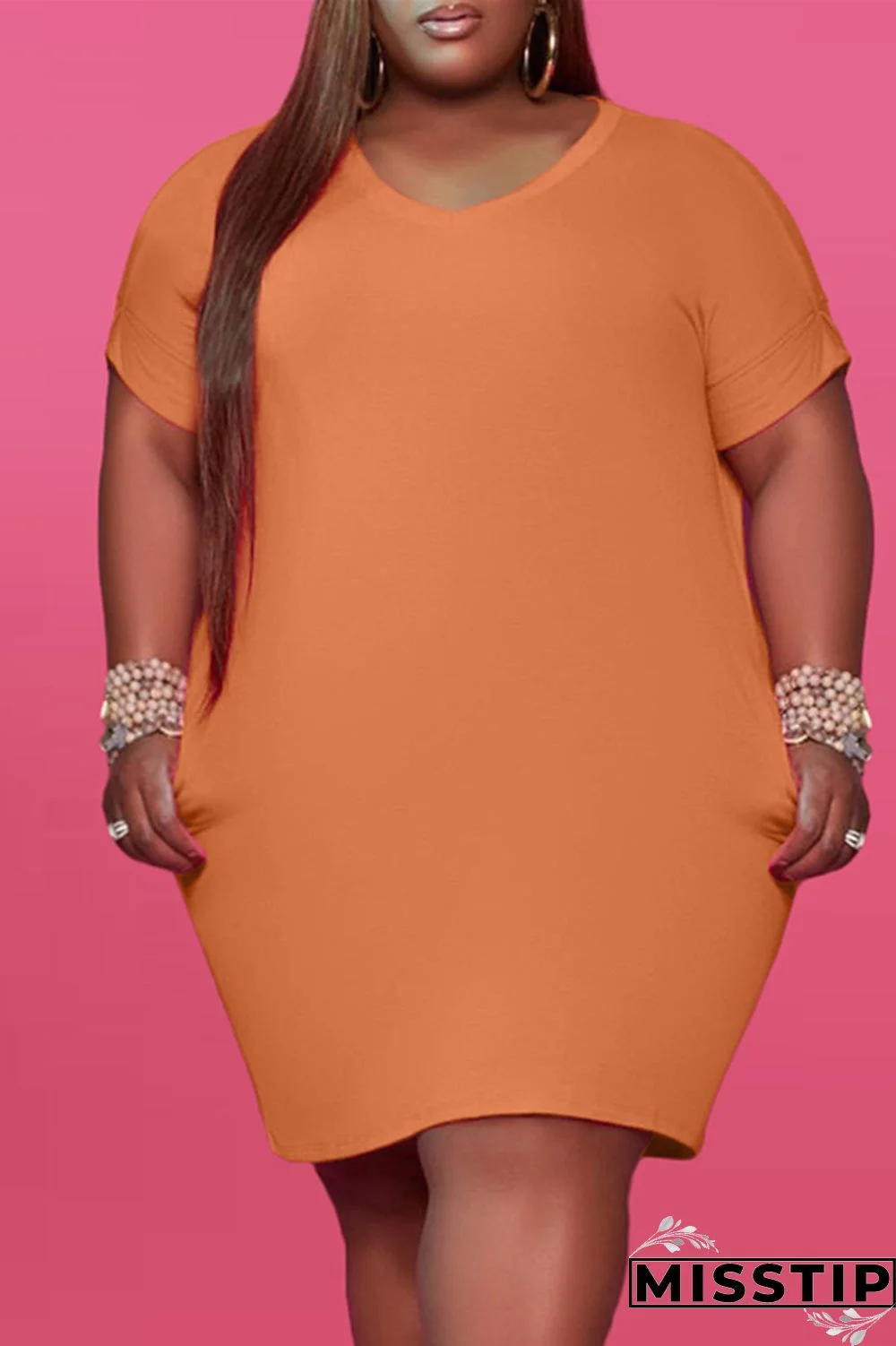 Red Fashion Casual Plus Size Solid Basic V Neck Short Sleeve Dress