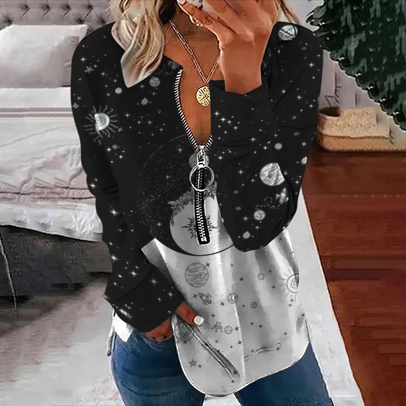 Tribal Moon Print V Neck Zipper Long Sleeve Sweatshirt