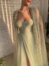 Sage Green Strapless Sweetheart Neck Ball Gown Sparkling Shawl Tulle Formal Robe Prom Dress Bridesmaids Dresses Side Split Princess