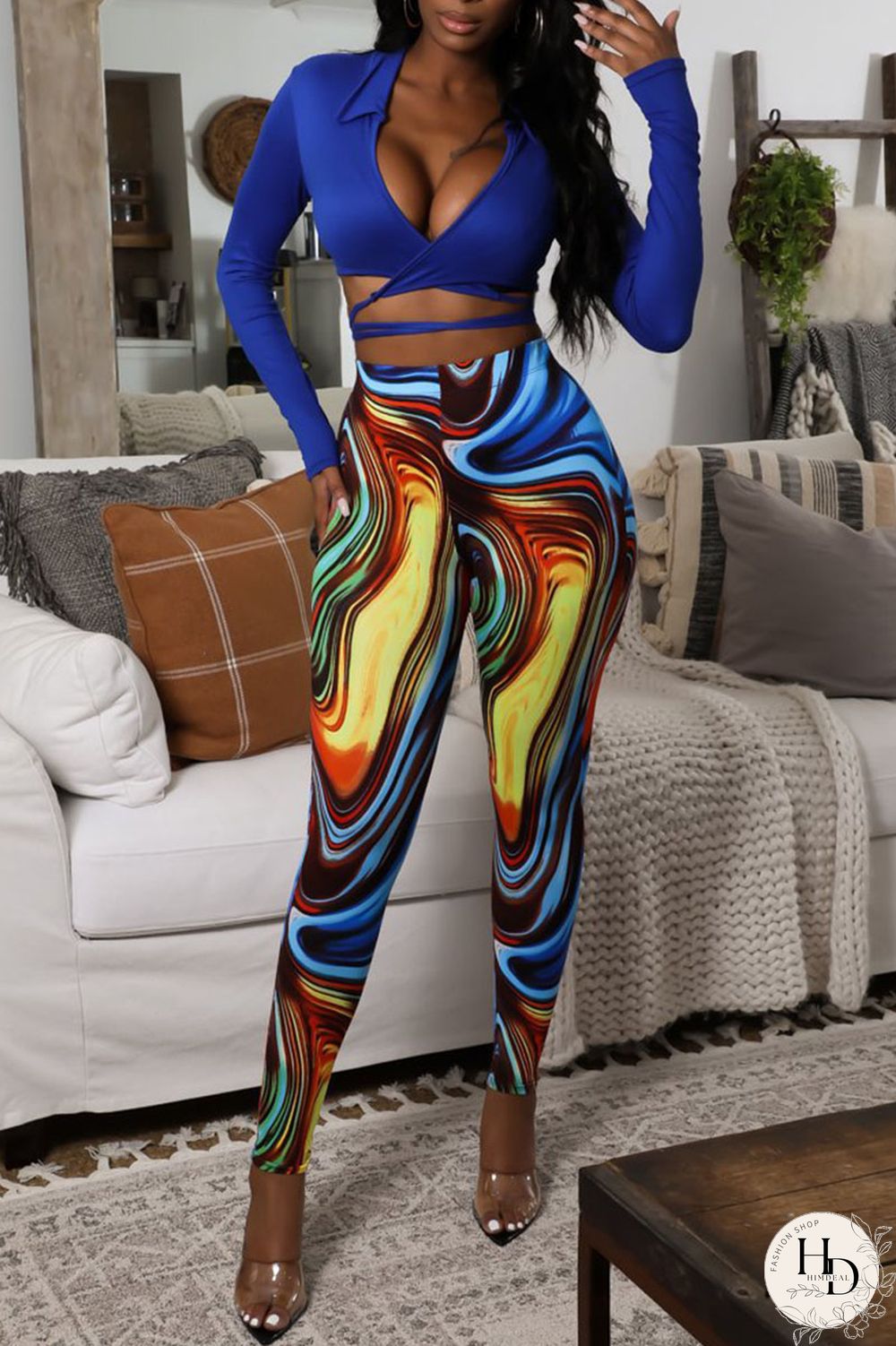 Blue Sexy Print Split Joint Frenulum V Neck Long Sleeve Two Pieces